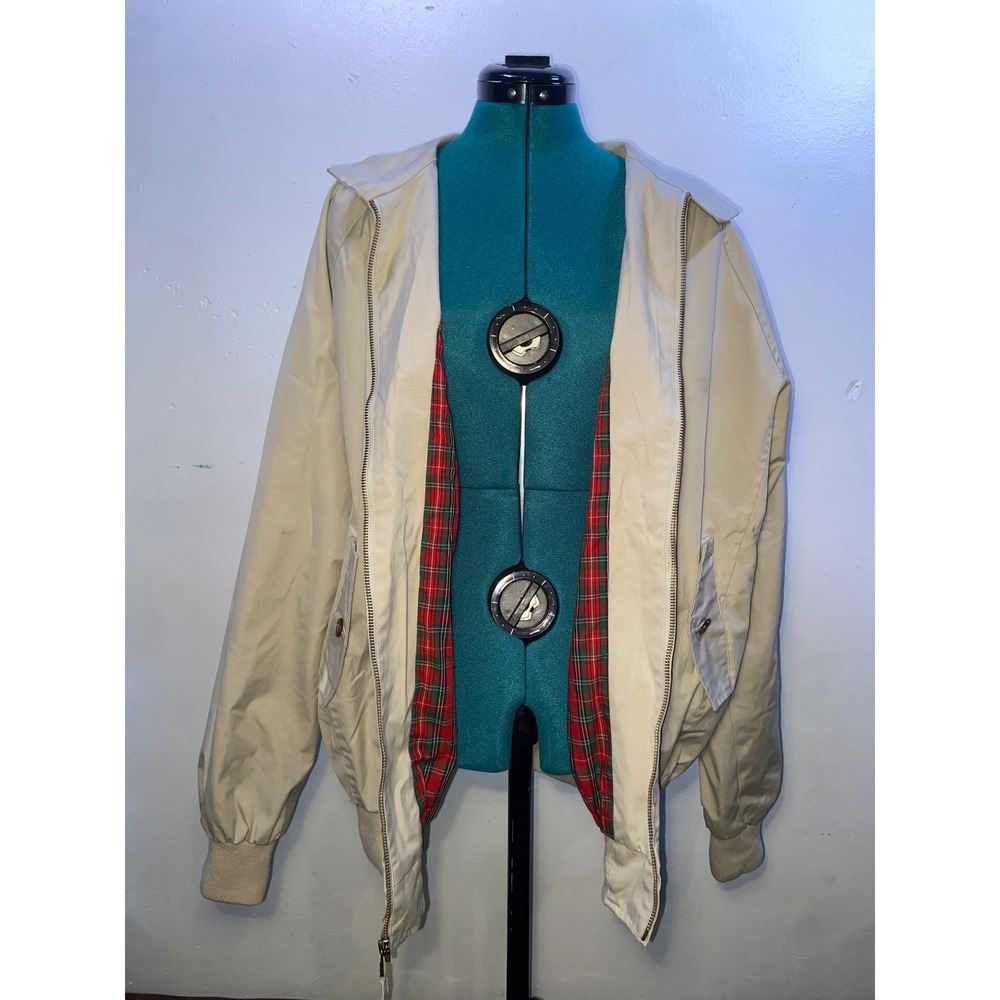 Vintage 90s Orvis Mens Harrington Jacket Beige Plaid Lined Bomber Full Zip Large